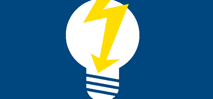 Power failure icon, white light bulb with yellow electric arrow on blue background
