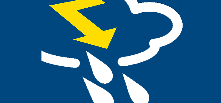 Weather icon, white cloud with rain, yellow lightning on blue background