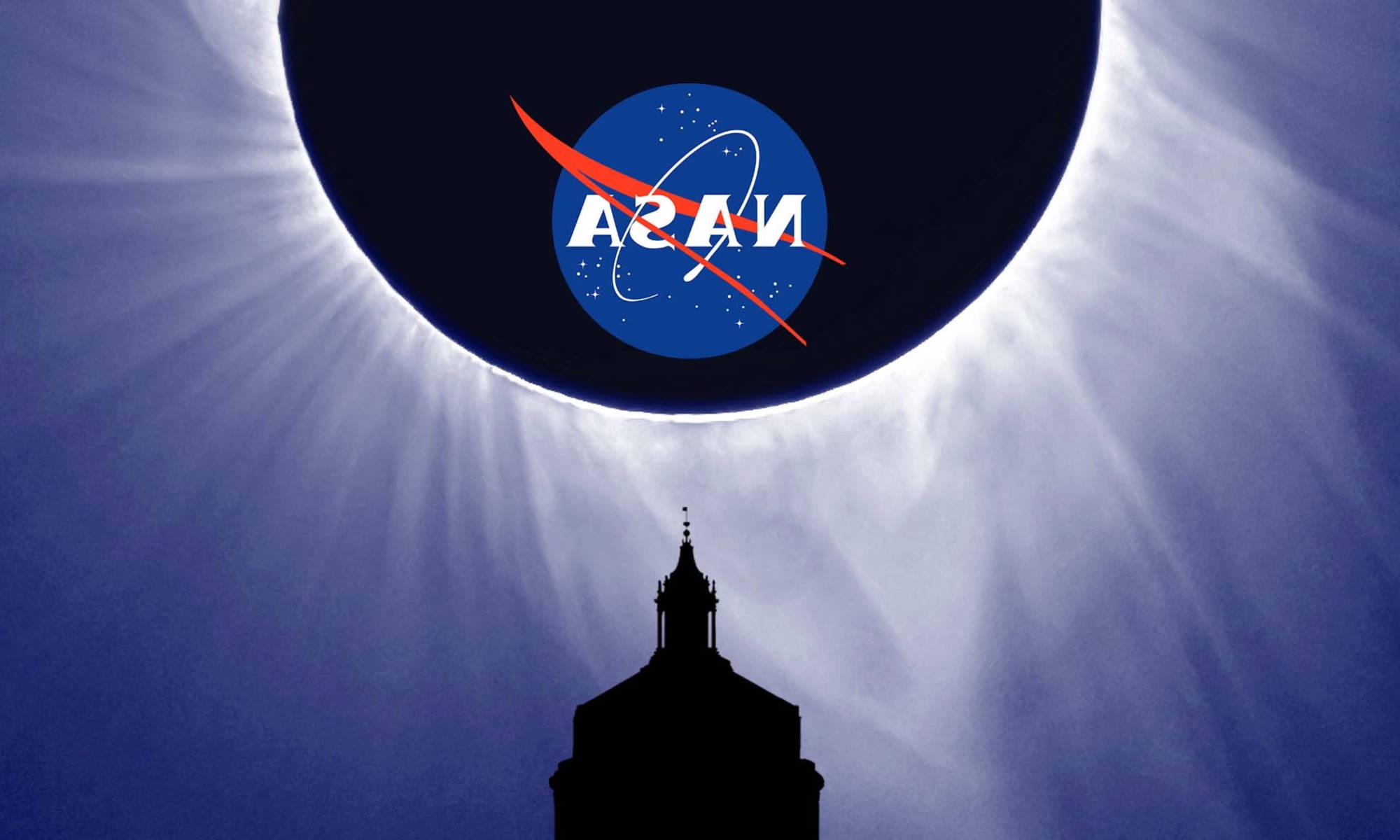 Illustration of the sun during totality with the NASA logo superimposed on it and the outline of the Rush Rhees Library tower below.